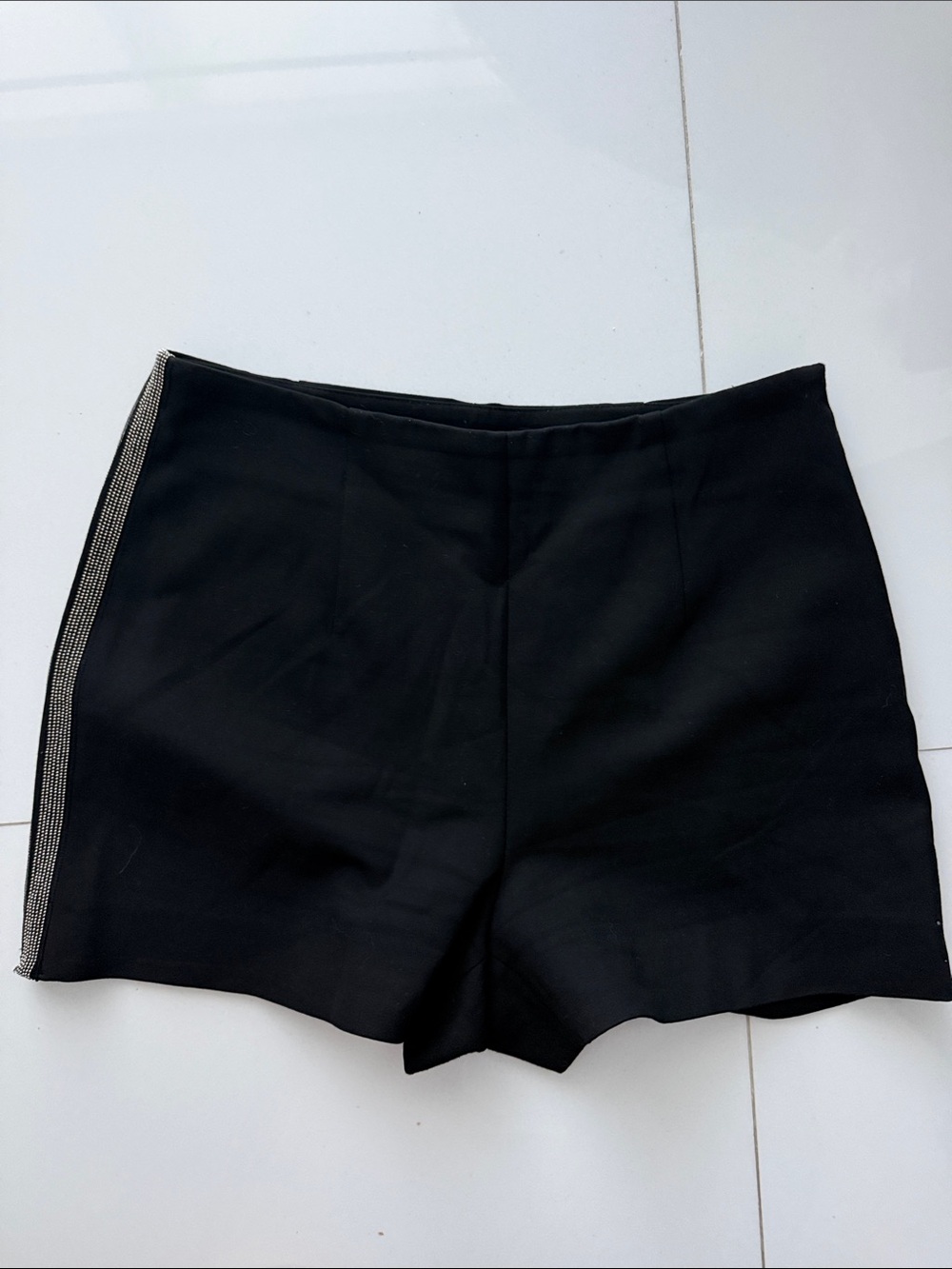 Zara Black High-Waist Shorts with Side Crystal Stripe